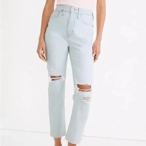 Madewell The Momjean Harman Wash High Rise Raw Hem Light Blue Distressed 28 - Picture 3 of 10